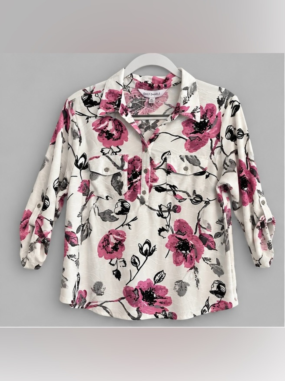 NWT Emily Daniels White Blouse with Pink Floral Print